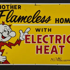 TIN SIGN REDDY KILOWATT ANOTHER FLAMELESS HOME WITH ELECTRIC HEAT INDIANA & MICHIGAN ELECTRIC COMPANY (2 SIDED)