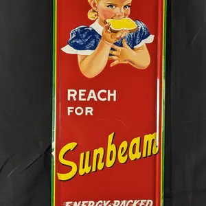 NOS EMBOSSED TIN SIGN REACH FOR SUNBEAM ENERGY PACKED BREAD