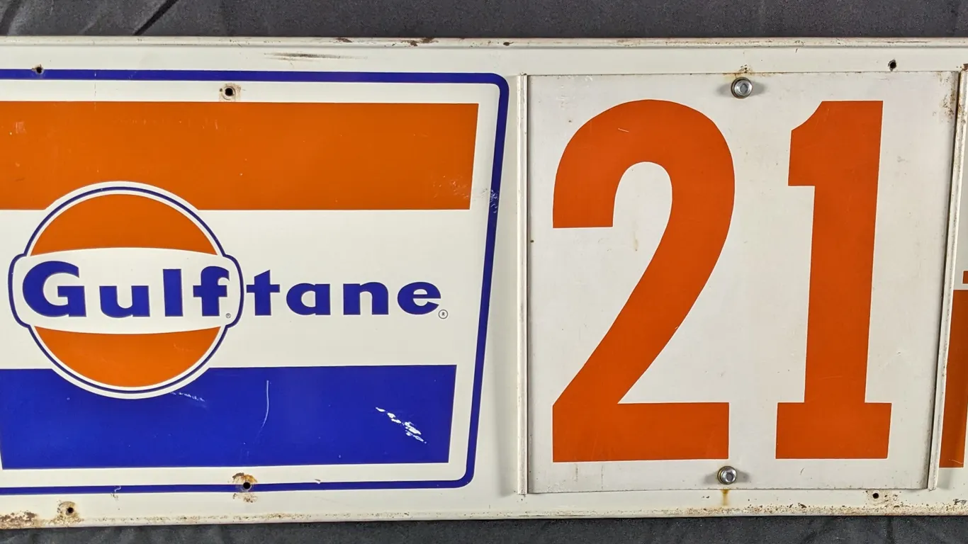 TIN GULF OIL CO GULFTANE GASOLINE GAS PUMP PRICER SIGN (2 SIDED)