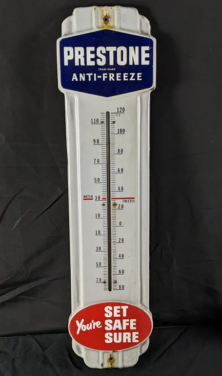 PORCELAIN THERMOMETER SIGN PRESTONE ANTIFREEZE YOU'RE SET SAFE SURE