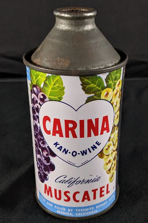 CONE TOP WINE CAN CARINA KAN-O-WINE CALIFORNIA MUSCATEL YOSEMITE WINERY ASS'N MADERA CA