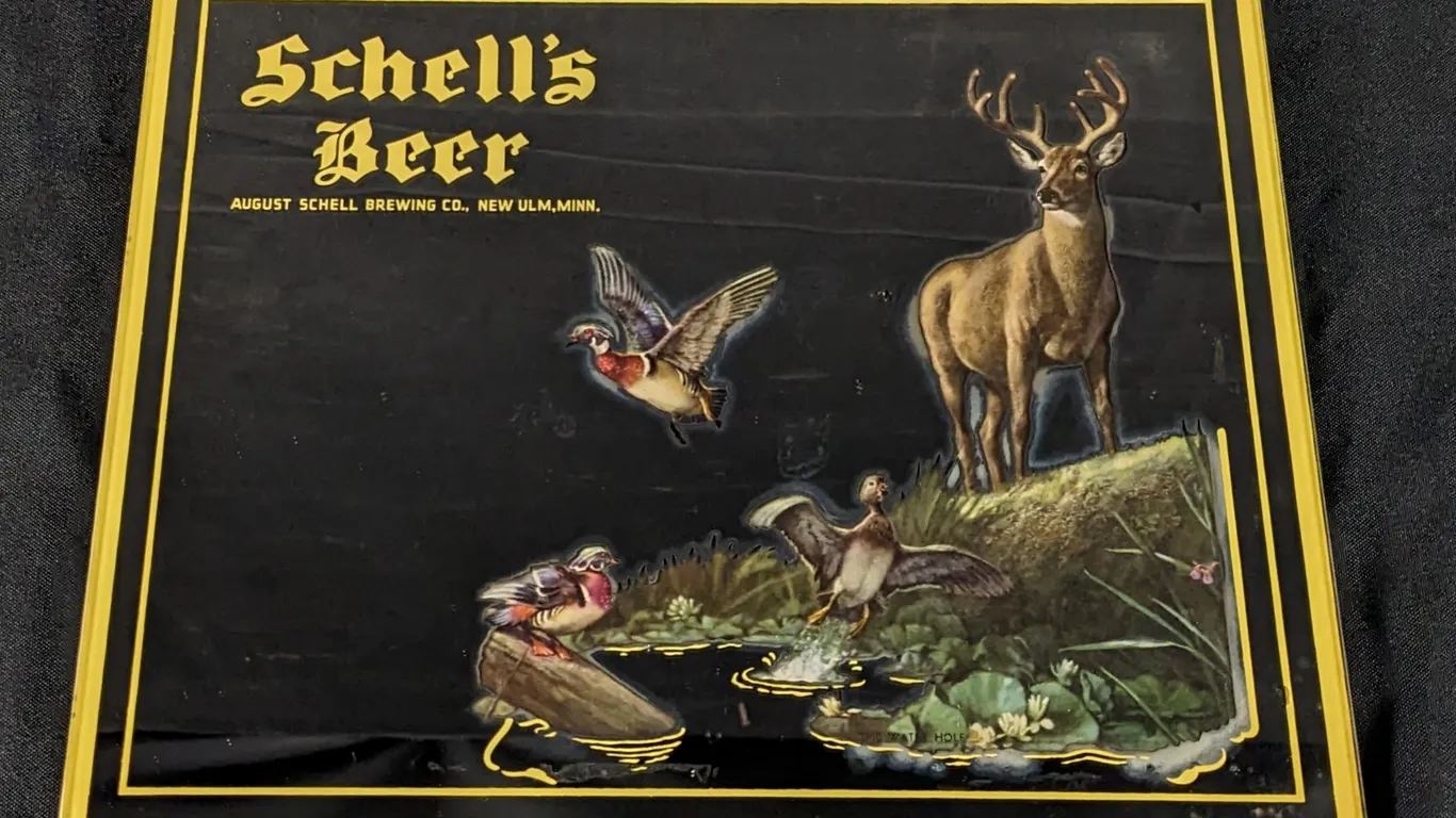 WHITETAIL DEER & WOOD DUCK MIRROR SIGN SCHELL'S BEER AUGUST SCHELL BREWING CO NEW ULM MINNESOTA MINN MN