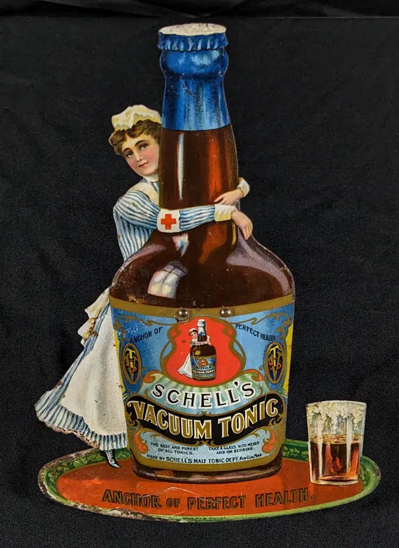 RARE PROHIBITION ERA DIE CUT EASEL BACK TIN SIGN SCHELL'S VACUUM TONIC -MALT TONIC DEPT- NEW ULM MINNESOTA MINN MN (AUGUST SCHELL BREWING CO)