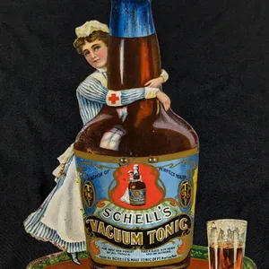 RARE PROHIBITION ERA DIE CUT EASEL BACK TIN SIGN SCHELL'S VACUUM TONIC -MALT TONIC DEPT- NEW ULM MINNESOTA MINN MN (AUGUST SCHELL BREWING CO)