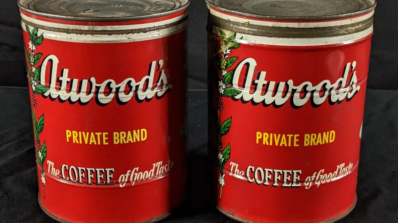 TWO 2# TIN COFFEE CANS ATWOOD'S PRIVATE BLEND MINNEAPOLIS MINNESOTA