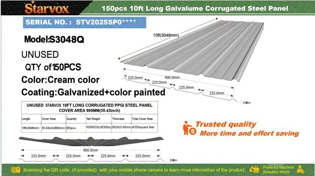 Quantity of (150) 2026 STARVOX S3048Q Galvalume Corrugated Steel Panels (Unused)