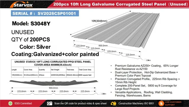 Quantity of (200) 2026 STARVOX S3048Y 3 ft x 10 ft Corrugated Steel Panels (Silver) (Unused)