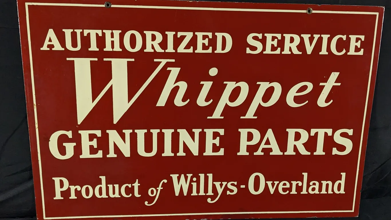 PORCELAIN DEALERSHIP SIGN AUTHORIZED SERVICE WHIPPET GENUINE PARTS PRODUCT OF WILLY-OVERLAND (2 SIDE