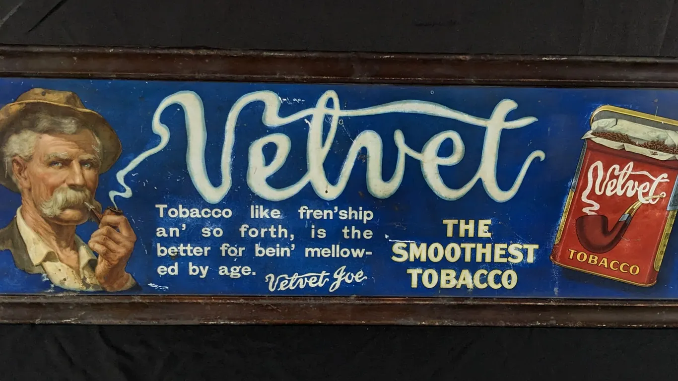 SELF FRAMED TIN LITHO SIGN VELVET THE SMOOTHEST TOBACCO 10¢