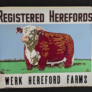TIN LIVESTOCK COW SIGN REGISTERED HEREFORDS WERK HEREFORD FARM (2 SIDED)
