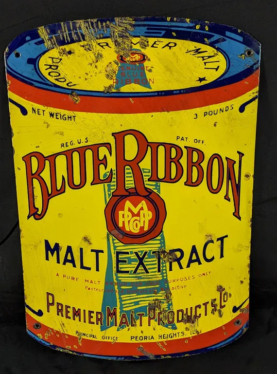 DIE CUT CAN SHAPED PORCELAIN SIGN BLUE RIBBON MALT EXTRACT PREMIER MALT PRODUCTS CO PEORIA HEIGHTS I