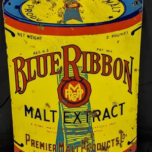 DIE CUT CAN SHAPED PORCELAIN SIGN BLUE RIBBON MALT EXTRACT PREMIER MALT PRODUCTS CO PEORIA HEIGHTS I