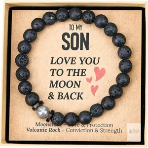 New To My Son Bracelet from Mom & Dad – Natural Lava Rock & Moonstone Bracelet – Gifts for Son, Teen Boys, Back-to-School, Graduation, Birthda