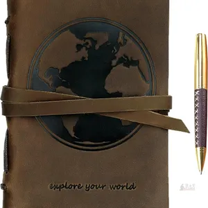 New - World - Leather Journal World Map Notebook Embossed Handmade Travel Diary, A5 Vintage Writing Bound Journal For Men & For Women Genuine Anti
