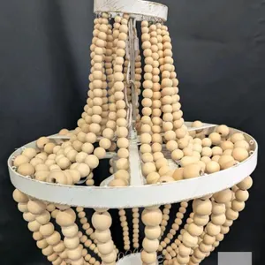 As-New Natural Wood Bead & White Accents Hard-Wire Lighting Chandelier