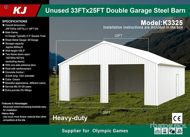 2026 KJ K3325 33 ft x 25 ft Double Garage Shed (Unused)