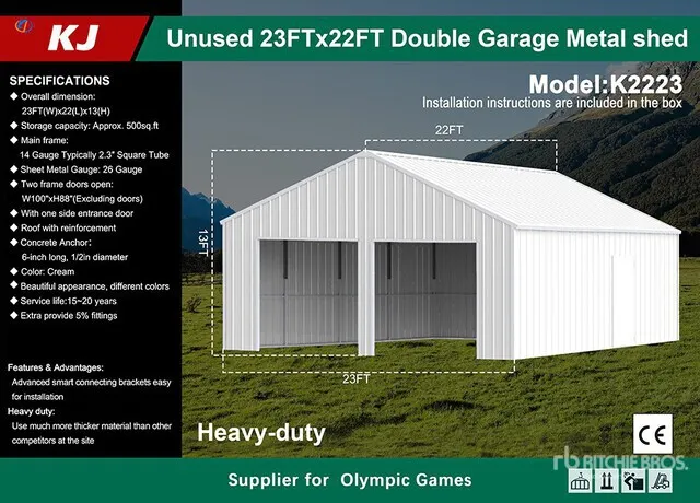 2026 KJ K2223 22 ft x 23 ft Double Garage Metal Shed (Unused)