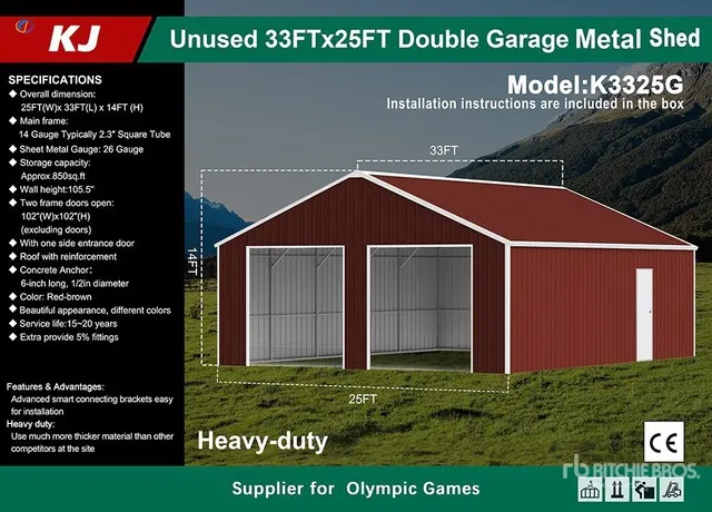 2026 KJ K3325G 33 ft x 25 ft Double Garage Steel Barn Shed (Unused)