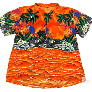 Size 4XL Men's Parrots Orange Waves Hawaiian-Style Short Sleeve Button-Up Top, In Good Condition, Light Wear