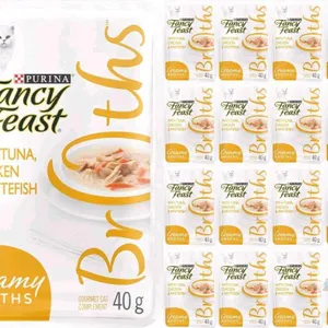[bb 05/2026] New Fancy Feast Creamy Broths Cat Food Complement, Tuna, Chicken & Whitefish - 40 g Pouch (16 Pack)
