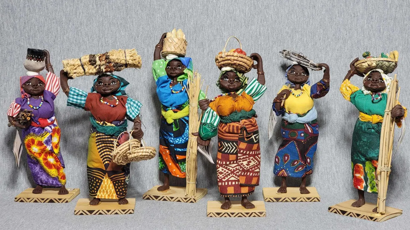Dolls of Zimbabwe. 6 Dolls Hand Crafted in Zimbabwe by Trish Syer. These Dolls Depict the Daily Activities in Rural and Urban Life in Africa. 8" -