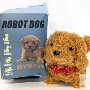 New Yikey Robot Dog Plush 7"- Interactive Walks Barks Wags Tail Brown with Bow Tie - box damaged product excellent
