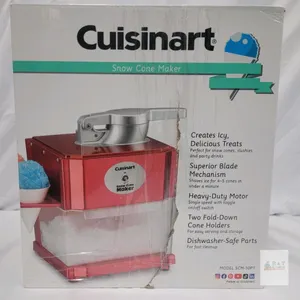 Cuisinart SCM-10P1 Snow Cone Maker, Red, 4-5 Cones/Minute, Stainless Blade, Accessories Included tear on box