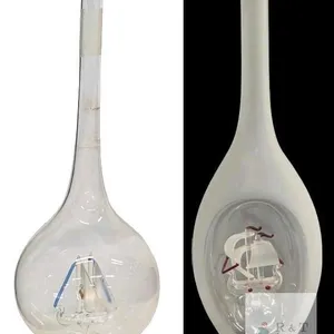 2 Handblown Hungarian Glass Decanters/ Bottles With Viking-Style Ships : Frosted Glass Bottle With Ship Inside Divot & Ship Formed Within Decanter