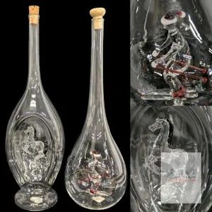 Handblown Hungarian Artisanal Decanters: 3D Rearing Horse Inside Outer Divot & Skiier With Poles, Skis & Santa-Style Hat, 11.5" Tall, No Chips