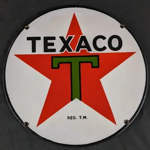 15" PORCELAIN LUBESTER SIGN TEXACO OIL COMPANY "BLACK T"