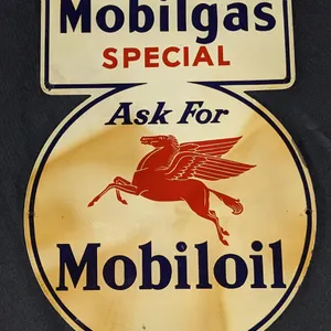 TIN GAS PUMP SIGN MOBILGAS SPECIAL GASOLINE ASK FOR MOBILOIL