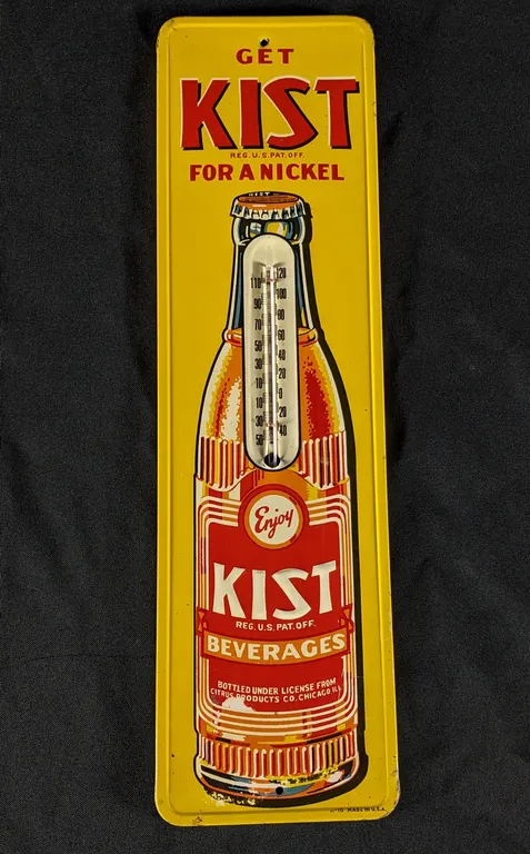 EMBOSSED TIN THERMOMETER SIGN GET KIST FOR A NICKEL ORANGE SODA