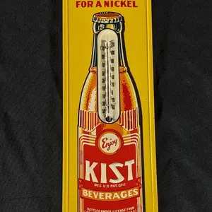 EMBOSSED TIN THERMOMETER SIGN GET KIST FOR A NICKEL ORANGE SODA