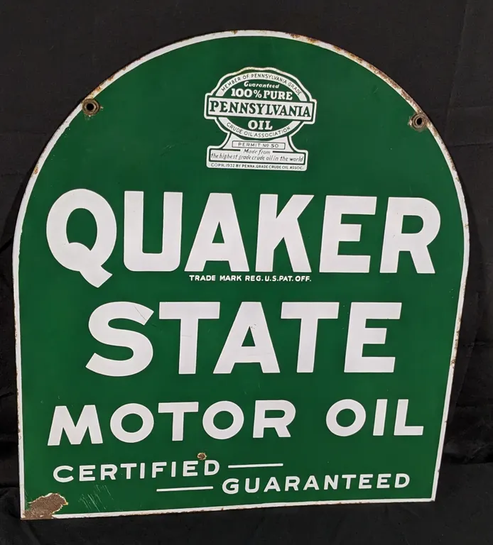 PORCELAIN SIGN QUAKER STATE MOTOR OIL CERTIFIED GUARANTEED (2 SIDED)
