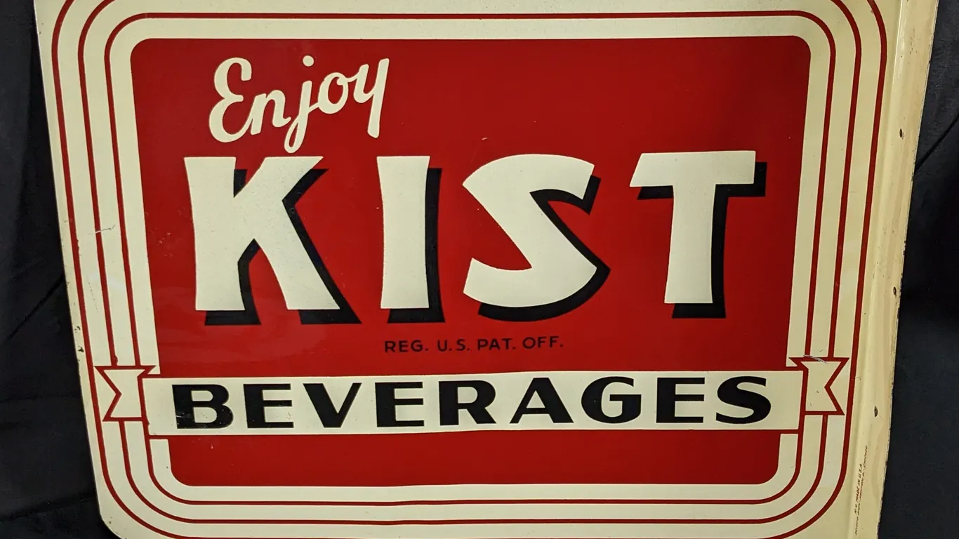 NOS TIN FLANGE SIGN ENJOY KIST BEVERAGES SODA POP