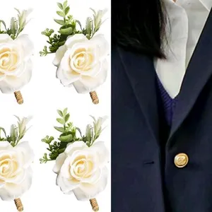 New Ivory Rose Boutonniere for Men Wedding Set of 6 Groom Groomsmen Best Man Artificial Flowers Boutonniere for Wedding Ceremony Anniversary Prom Flow
