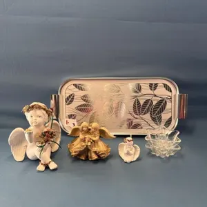 (3) ANGEL FIGURINES AND (2) GLASS CANDLE HOLDERS