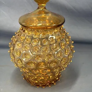 AMBER HOBNAIL DISH WITH LID