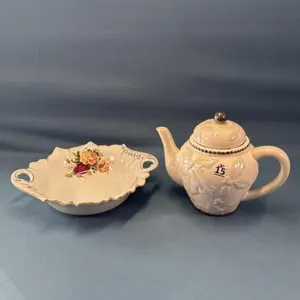 TEA POT AND AN 11IN FLOWERED BOWL