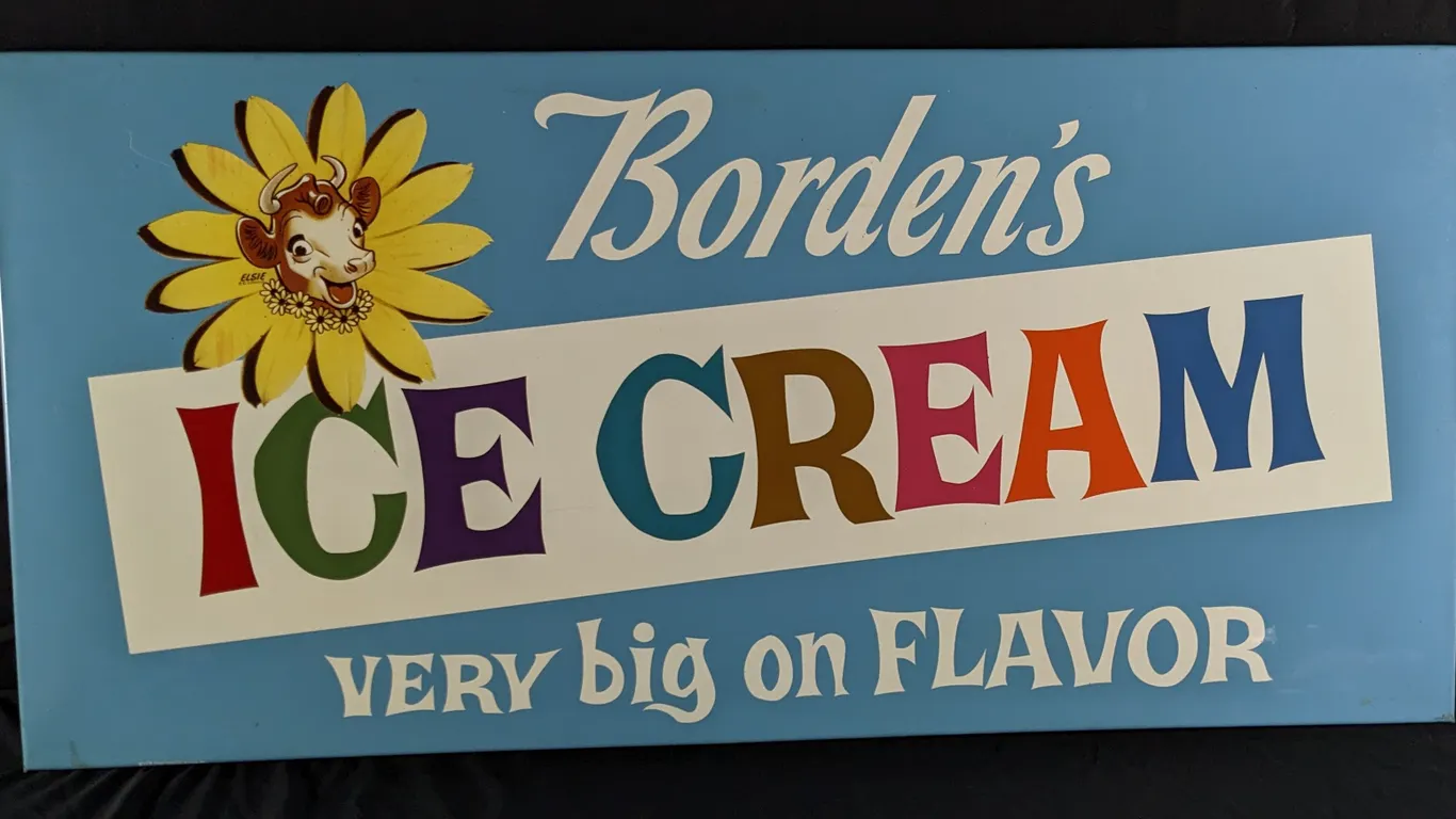 NOS TIN SIGN BORDENS ICE CREAM VERY BIG ON FLAVOR