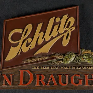 1940'S FIBRE SIGN SCHLITZ BEER ON DRAUGHT MILWAUKEE WISCONSIN WIS WI