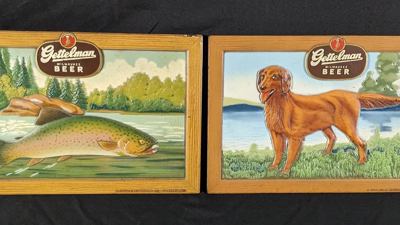 1950'S FIBRE SIGNS (2) GETTELMAN MILWAUKEE BEER TROUT FISH & IRISH SETTER DOG WISCONSIN WIS WI