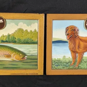 1950'S FIBRE SIGNS (2) GETTELMAN MILWAUKEE BEER TROUT FISH & IRISH SETTER DOG WISCONSIN WIS WI
