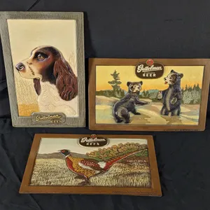 1950'S FIBRE SIGNS (3) GETTELMAN MILWAUKEE BEER HUNTING DOG RINGNECK PHEASANT BLACK BEAR CUBS WISCONSIN WIS WI