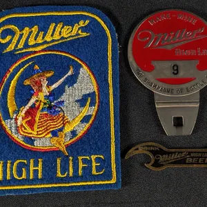 MILLER HIGH LIFE BEER UNIFORM PATCH PRE PRO OPENER LICENSE PLATE TOPPER #9 MILWAUKEE WISCONSIN