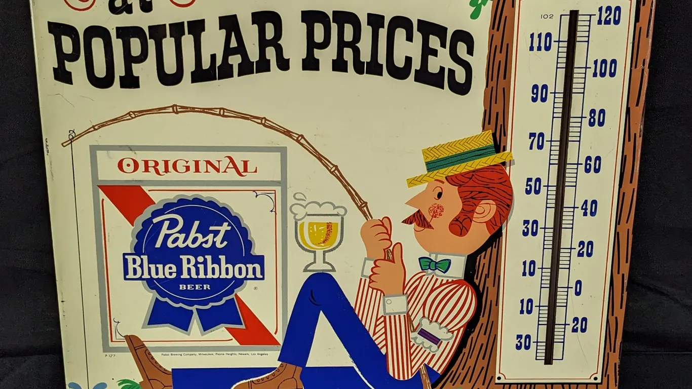 TIN THERMOMETER SIGN PABST BLUE RIBBON BEER AT POPULAR PRICES MAN FISHING