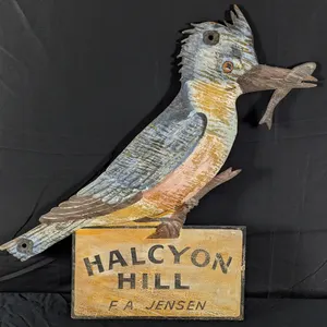 1940'S-1950'S HALCYON HILL F.A. JENSEN FIGURAL FOLK ART SIGN BELTED KINGFISHER BIRD (2 SIDED) (LODGE RESORT FARM)