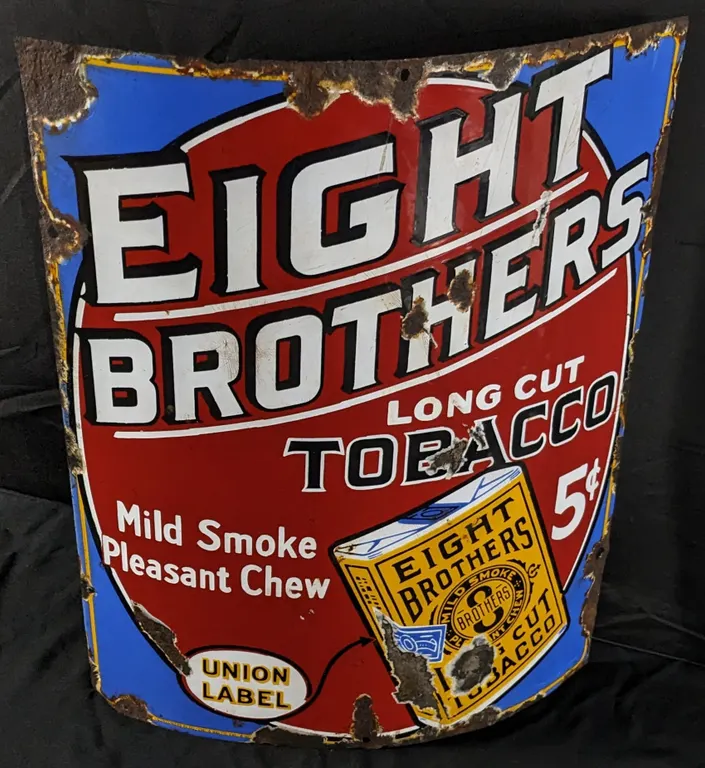 PORCELAIN CORNER SIGN EIGHT BROTHERS LONG CUT TOBACCO 5¢