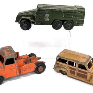 3 Vintage Dinky Cars Meccano France/England : Willeme Tractor Truck 36,  Armoured Command Vehicle 677 & Plymouth Woody Estate Wagon 27F