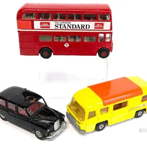Vintage Matchbox Lesney SpeedThings K-27 Camping Cruiser, Corgi Toys Austin Taxi-Cab & Corgi Cricklewood Garage Double Decker Bus